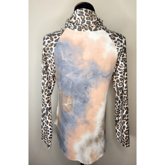 Cowl Neck Long Sleeve Small women's shirt top. Tie Dye with cheetah print. Soft - Picture 3 of 5